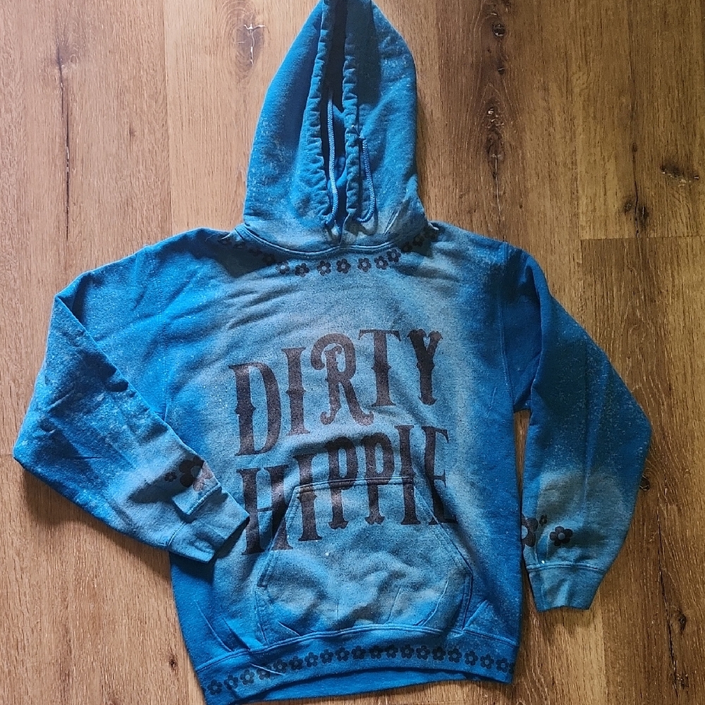 Blue 'Dirty Hippie' Distressed/Vintage Hoodie